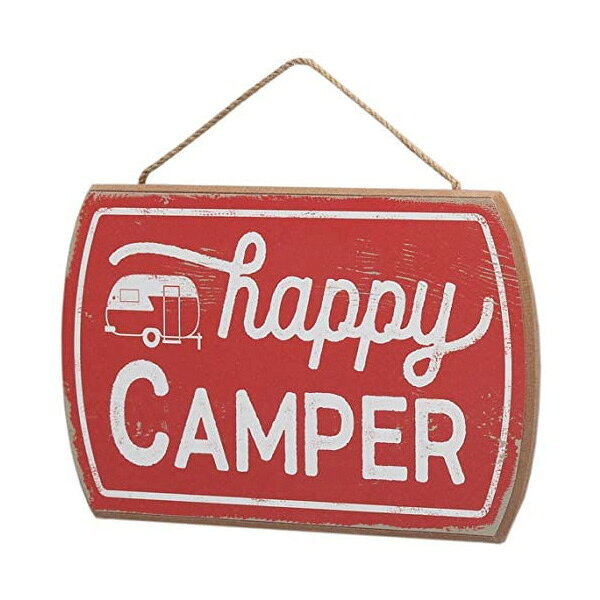 ウッドサイン "happy CAMPER" ヴィンテージ風 吊り紐付き 縦14.5×横24cm ■ 木製 看板 キャビン キャンプ カントリー プレート インテリア 雑貨 壁掛け ガレージ