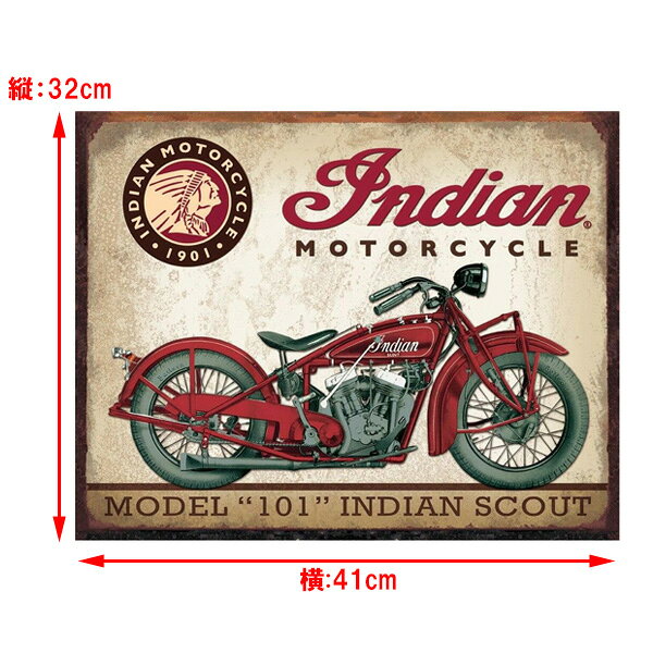 メタルサイン "INDIAN MOTORCYCLE" インディアン モーターサイクル 縦32cm×横41cm ■ バイク オートバイ 壁掛け 看板 インテリア 雑貨 ガレージ ブリキ看板 店舗ディスプレイ アメリカ製 [3]