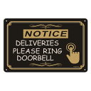 メタルサイン "NOTICE DELIVERIES PLEASE RING DOORBELL" 宅配便はドアホンを鳴らしてください 縦18×横25cm ■ デリバリー チャイム 玄関 壁掛け インテリア 雑貨 ガレージ アルミ看板 店舗 ディスプレイ