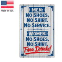 メタルサイン "MEN NO SHIRT NO SERVICE. WOMEN NO SHIRT Free Drinks!" 看板 縦30cm×横20cm アメリカ製 ■ 男性 女性 ジョーク 壁掛け サイン ショップ ガレージ