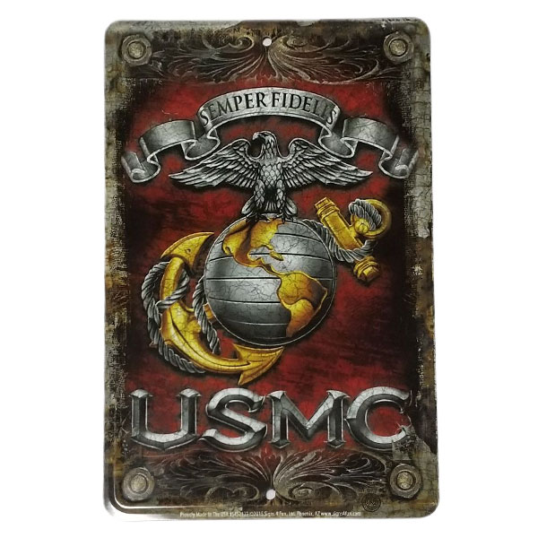 【ブリキ看板】アメリカ海兵隊 マリーン USMC エンボス 看板 30.5cm×20.5cm【インテリア 雑貨 壁掛け ガレージ 米軍 ミリタリー レッド シルバー グリーン】