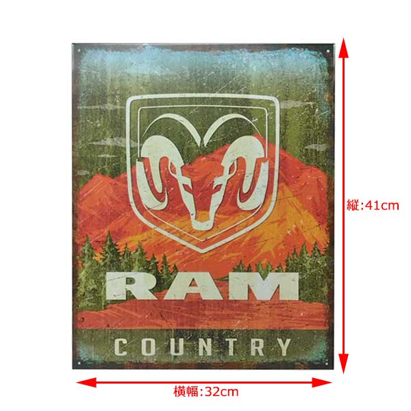 メタルサイン "RAM COUNTRY" ラム 縦41cm×横幅32cm 看板 ■ 車 アメ車 壁掛け インテリア 雑貨 ガレージ ブリキ看板 店舗ディスプレイ アメリカ製 [2]