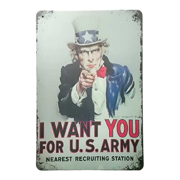 【ブリキ看板】アンクル・サム I Want You For U.S. Army(アメリカ軍入隊募集) ビンテージ調 ブリキ看板 20cm×30cm【Uncle Sam インテリア 雑貨 壁掛け 四角 ガレージ】