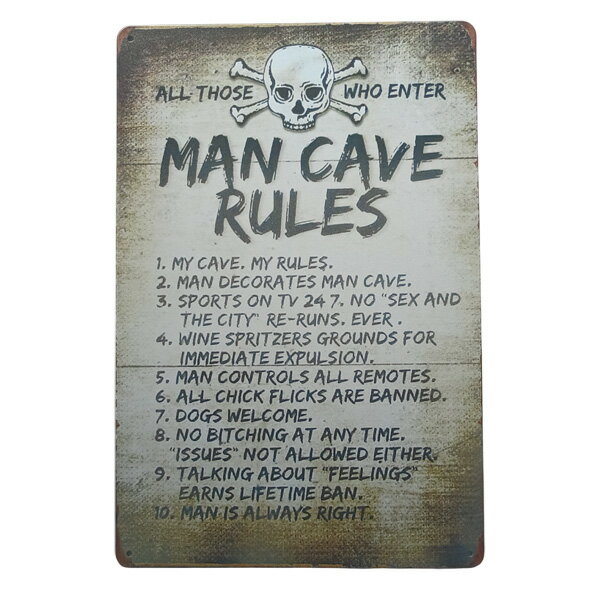 メタルサイン "MAN CAVE RULES" 男の隠れ家のルール ビンテージ調 看板 縦30cm×横20cm ■ 注意 秘密基地..