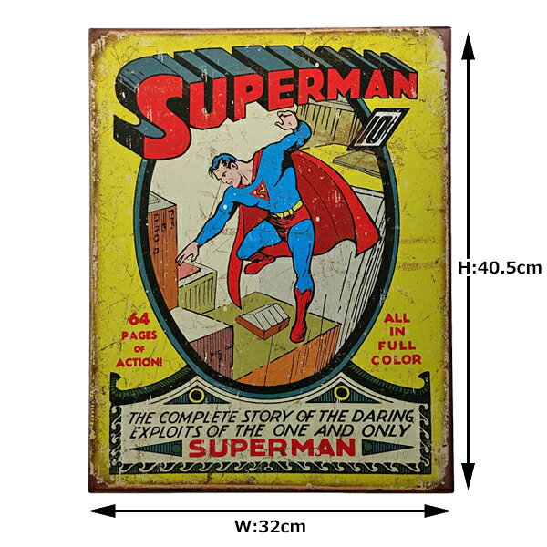SUPERMAN スーパーマン メタルサイン アメリカ製 縦40.5cm×横幅32cm ■ ブリキ看板 DCコミックス アメコミ アメリカン雑貨 ヴィンテージ風 ガレージ 看板 インテリア 壁掛け レトロ おしゃれ 男前インテリア ティンサイン [2]