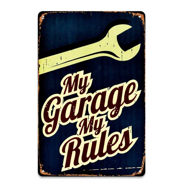 Rakuten - 【ブリキ看板】My Garage My Rules ビンテージ調 30cm×20cm【雑貨 インテリア ガレージ 壁掛け ブルー レッド】