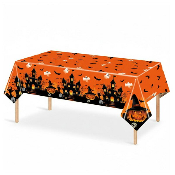 Rakuten - ホーンテッドハウス テーブルクロス ビニール製 137cm×274cm ■ ハロウィン ハロウィーン アウトドア キャンプ ピクニック パーティー おしゃれ 長方形 オレンジ カボチャ