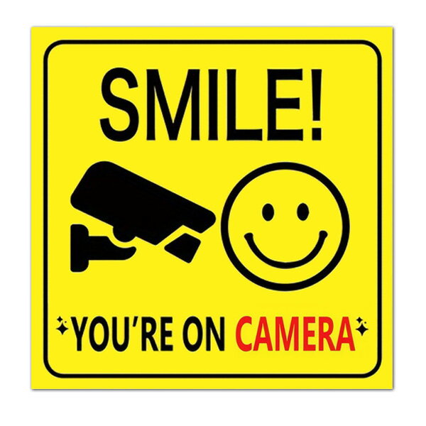 ステッカー SMILE! YOU'RE ON CAMERA カメラの前では笑ってね デカール 縦10cm×横10cm ■ 防犯 セキュリティ 監視 防犯対策 防犯グッズ 警告ステッカー