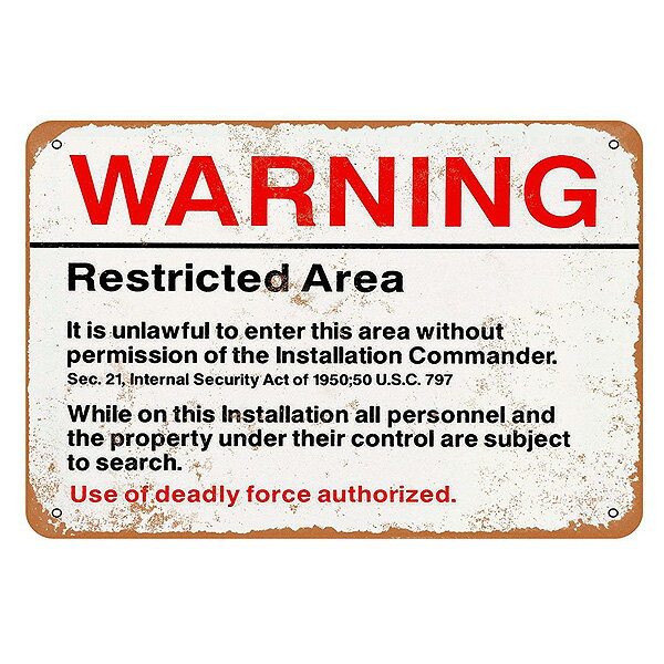 【メタル看板】【エリア51】Warning Restricted Military Area 51 ビンテージ風 メタルサイン 17.8×25.5cm 【ミリタリー 店舗用 個人宅用 壁掛け インテリア アメリカン ショップ ガレージ】