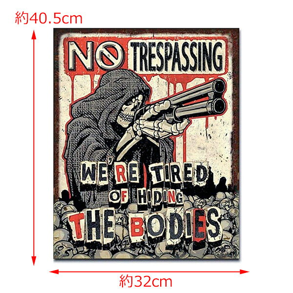 【ブリキ看板】”NO TRESPASSING（立ち入り禁止）”スカル ティンサイン 四角型 40.5cm×32cm【銃 ミリタリー インテリア 雑貨 壁掛け ガレージ】の商品画像 2