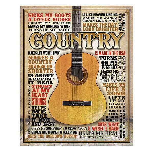 【ブリキ看板】”COUNTRY-MADE IN AMERICA” カントリー ギター ティンサイン レトロ 四角型 40.5cm×32cm【 インテリア 看板 雑貨 壁掛け ショップ ガレージ】