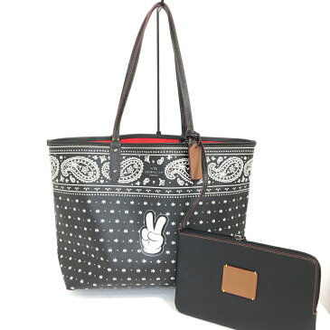 【送料無料】【ポーチ付き】【中古】【レディース】COACH コーチ Disneyコラボ リバーシブルトートバッグ F59376 ペイズリー柄 BAG かばん 鞄 B4サイズ収納可 カラー:BLACK ブラック 黒 RED レッド 赤