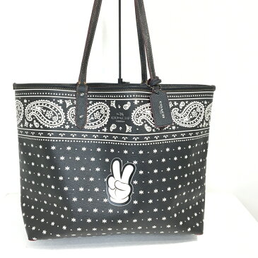 【送料無料】【ポーチ付き】【中古】【レディース】COACH コーチ Disneyコラボ リバーシブルトートバッグ F59376 ペイズリー柄 BAG かばん 鞄 B4サイズ収納可 カラー:BLACK ブラック 黒 RED レッド 赤