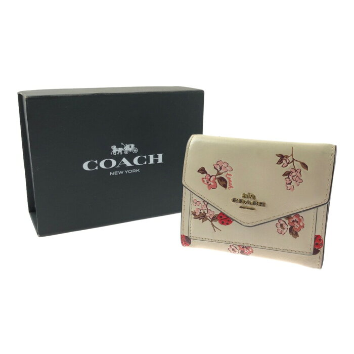 スーパーセール限定!70%OFF~【中古】【レディース】COACH スモールウォレット ウィズレディバグフローラル コーチ 花柄 三つ折り財布 サイズ：約9.5×11×3cm カラー：ベージュ 万代Net店