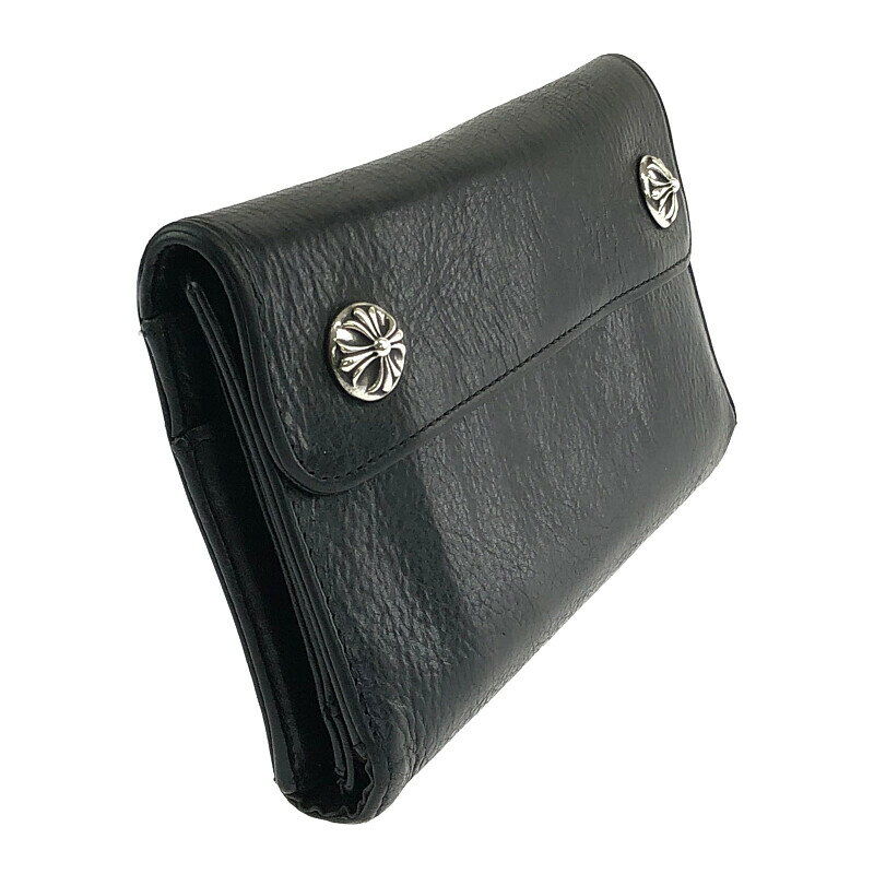 【中古】【メンズ/レディース】CHROME HEARTS WAVE WALLET クロムハーツ ウェーブウォレット 三つ折り財布 クロスボタン ロングウォレット サイズ：約12.5×20×2.5cm カラー：ブラック 万代Net店