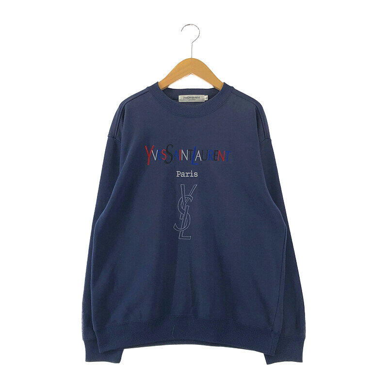 【中古】【メンズ】YVES SAINT LAURENT 90's POUR HOMME LOGO SWEAT イヴ・サンローラン プールオム 90年代 ロゴ刺繍スウェット トレーナー サイズ：L カラー：ネイビー 万代Net店