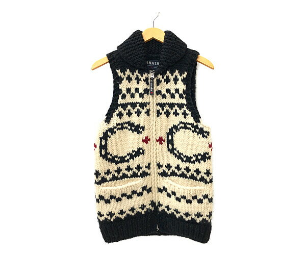 【中古】【メンズ】CHALLENGER × KANATA COWICHAN VEST チャレンジャー カナタ カウチンベスト ニットベスト トップス サイズ：S カラー：BLACK/IVORY/RED 万代Net店