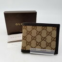 【美中古品】【メンズ/レディース】GUCCI グッチ 260987 GGキャンバス×レザー 二つ折り財布 サイズ：下記参照 カラー：ブラウン 万代Net店