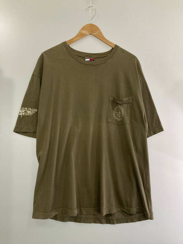 【中古】【メンズ】TOMMY HILFIGER トミーヒルフィガー USA製 COMPASS S/S POCKET TEE コットン 胸ポケット付き プリントTシャツ ティーシャツ サイズ：XL カラー：カーキ 万代Net店