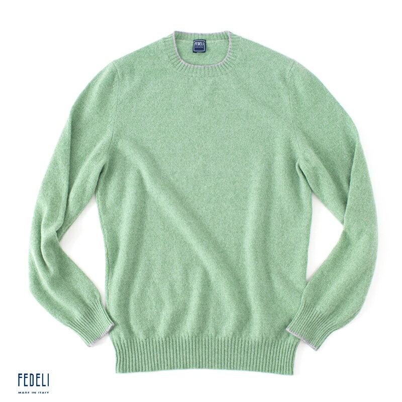 FEDELI フェデーリ ・カシミヤ クルーニット / ペルシャ ・mod. ARG. PERSIA ML. CH BICOLOR ・col. TIMO × GREY (ペールグリーン) ・made in Italy ・国内正規品