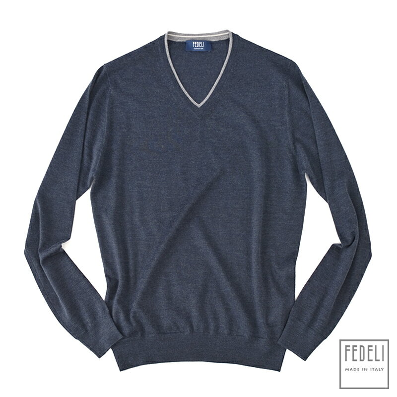 FEDELI フェデーリ / カシミヤシルク ラインVネックニット ・mod. PULL. ML. CH SETA TRICOLOR ・col. NAVY × GREY 杢ネイビー ・made in Italy ・国内正規品