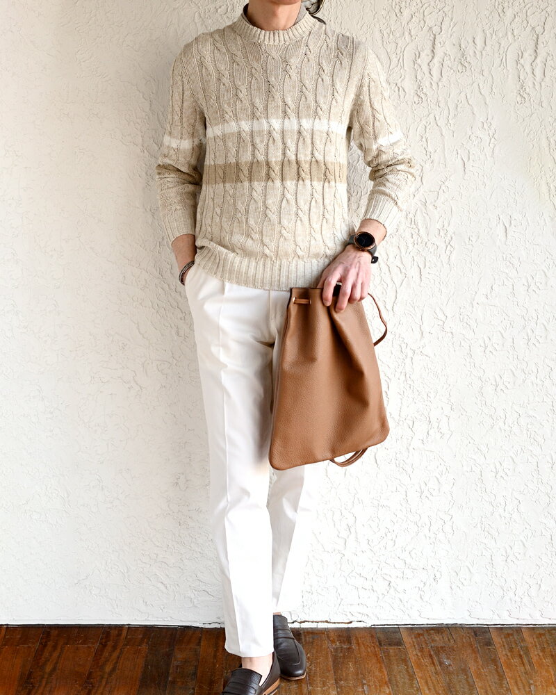 Settefili Cashmere セッテフィーリ カシミア ・リネンコットン ケーブル＆ライン サマーニット ・art. 13 TR5H ・col. Beige メランジベージュ ・made in Italy