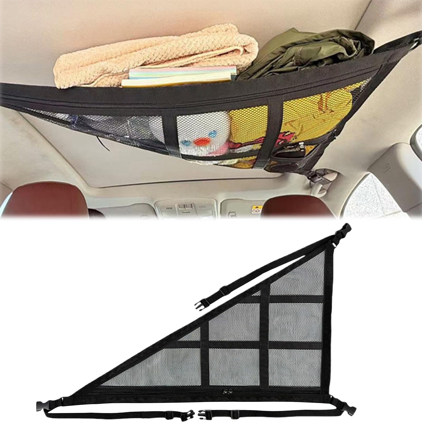 Rakuten - Coollooda 車内天井収納ネット 2層タイプ ファスナー付き 80×55cm ブラック 荷物落下防止 バックル固定 調整可能 カーゴネット ラゲッジネット 車用収納 セダンや小型SUVに適しています