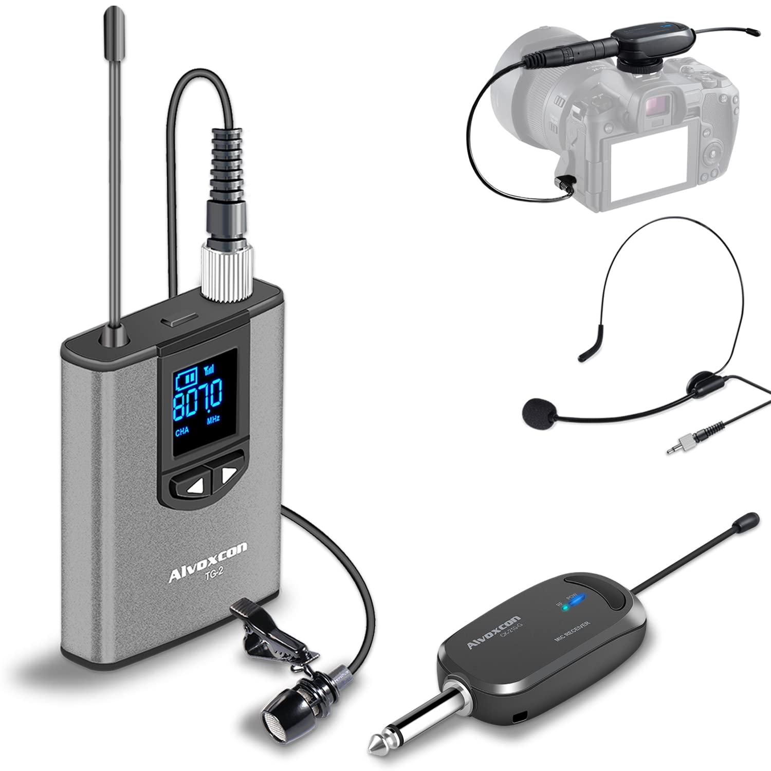 Alvoxcon ワイヤレスマイク UHF ピンマイク ワイヤレス ヘッドセットマイク クリップマイク ハンズフリーマイク 無線マイク 動画撮影  録音 拡声 カメラ スマホ 軽量 日本語取扱説明書付き 送信機*1 受信機*1 一人用 TG210