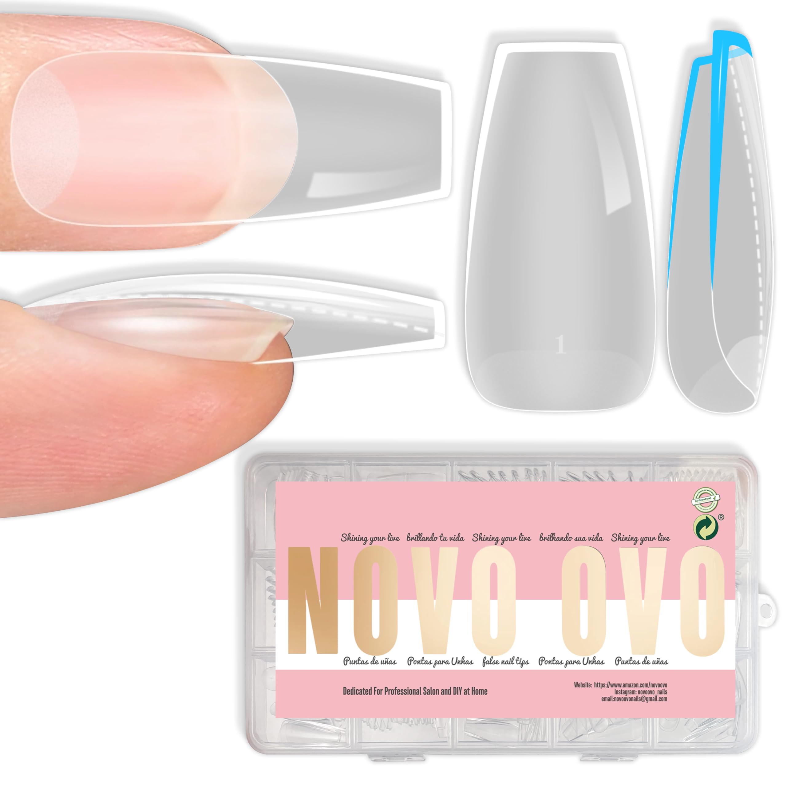 NOVO OVO Medium Coffin Nail Tips Extra Thick Press on No C Curve ミディアムコフィンネイルチップ 極厚 プレスオン Cカーブなし ソフトジェル ナチュラルフェイクネイルエクステンション フル