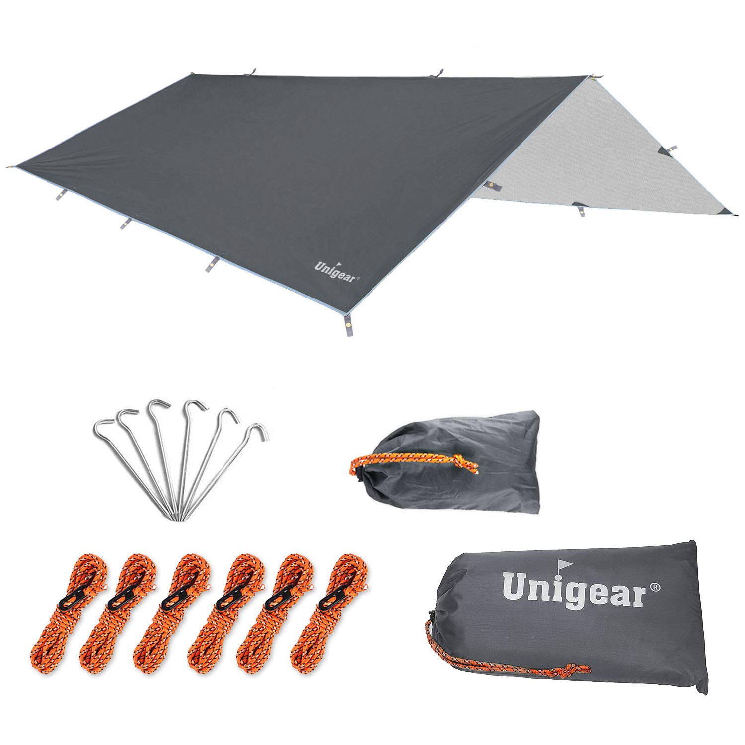 Rakuten - Unigear 防水タープ キャンプ タープ テント 軽量 日除け 高耐水加工 紫外線カット 遮熱 サンシェルター ポータブル 天幕 シェード アウトドア 収納ケース付 2-6人用 4サイズ (グレー, XL（300*400）)