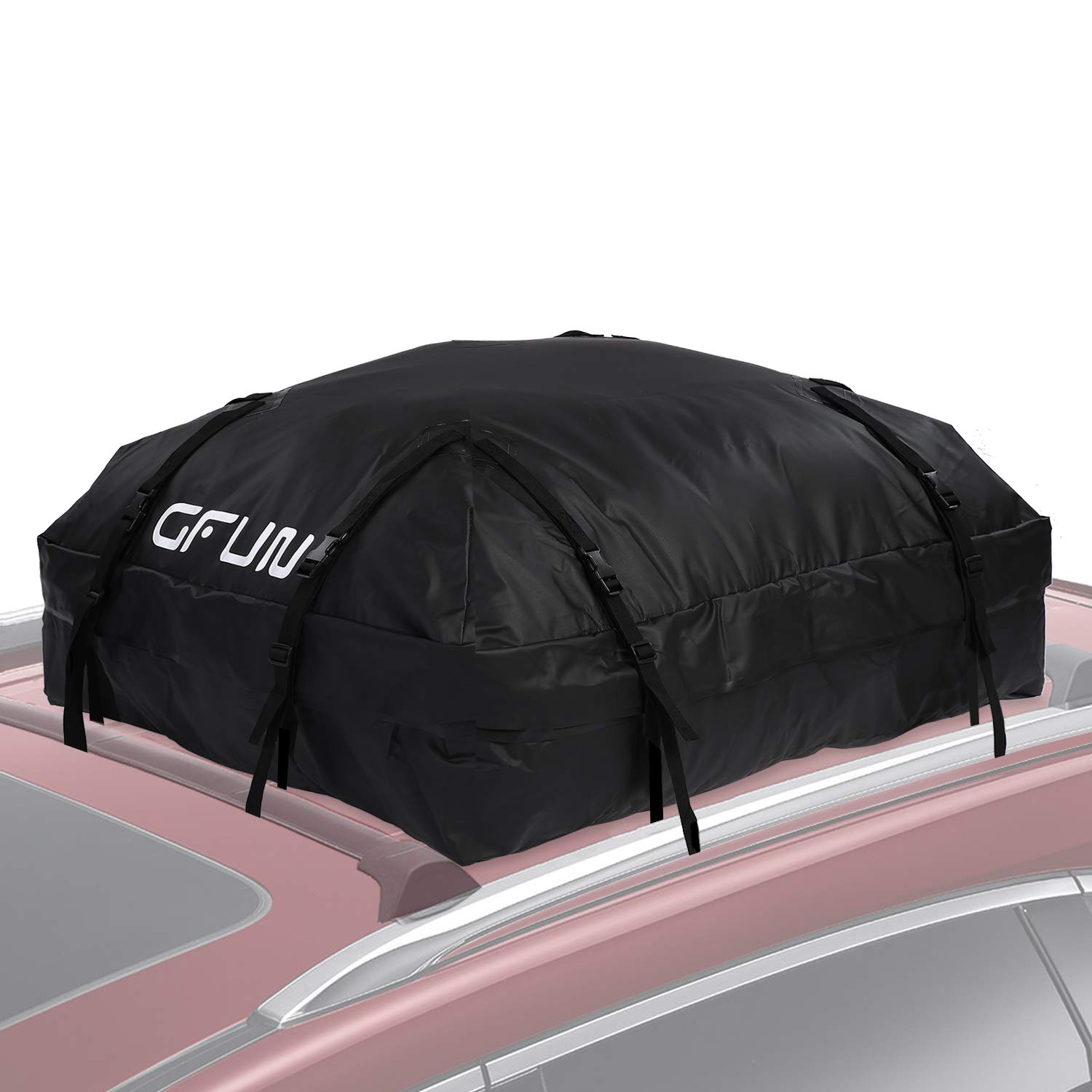 Rakuten - ルーフキャリアバッグ GFUN 防水 カーゴバッグ 屋根バッグ 折り畳み 大容量425L 耐荷重35kg 8本ベルト 取付簡単 二重PVC防水加工 高強度500Dポリエステル 隠れ式防水ファスナー 防雨 防雪 防風 キャンプ 旅行用 112×86×43c