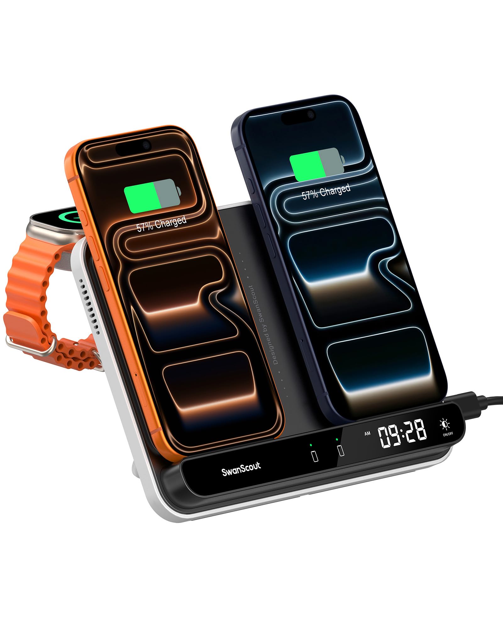 ワイヤレス充電器 2台、iphone 充電スタンド 2台同時、折りたたみ式 充電ステーション、置くだけ充電、iPhone 17/16/15/14/13/12/11/8/Xシリーズ対応、 Apple Watch 11/10/9/Ultra 3/SE 3対応