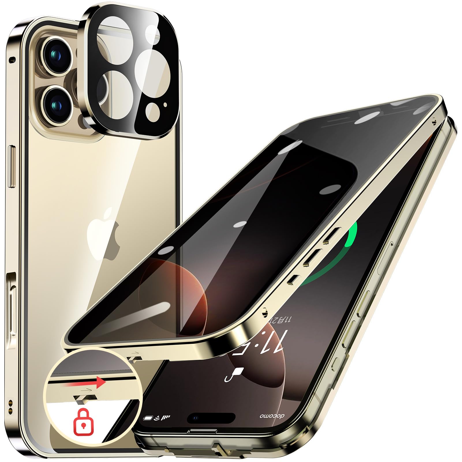Rakuten - HGUTREY【覗き見防止・自動ポップアップボタン】 iPhone16 Pro Max 用 ケース 【ロック付き】【ストラップホール付き】一体型レンズ保護 両面9H強化ガラス iPhone16プロマックスケース 耐衝撃 アル