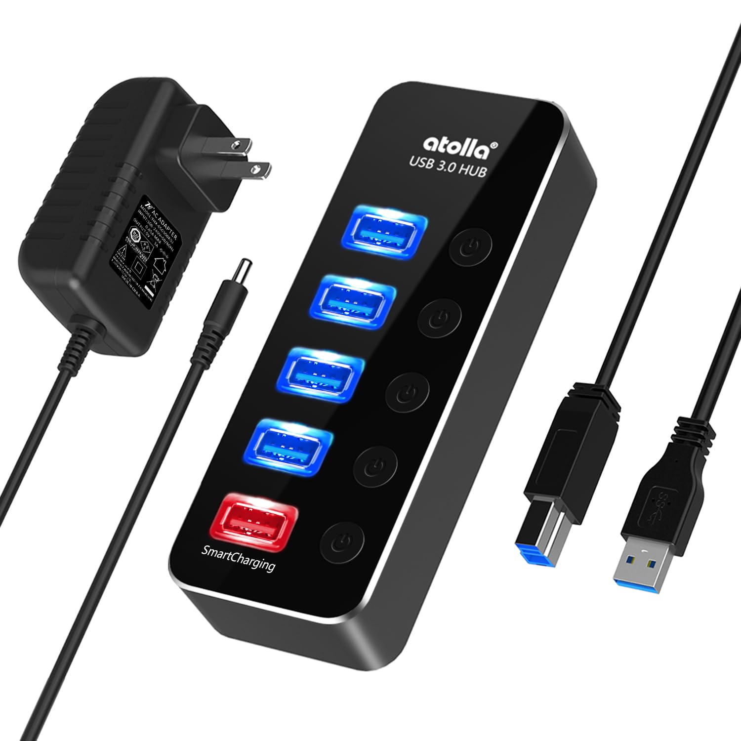 USB3.0ハブ 電源付き atolla USB ハブ 5ポート【USB3.0ポート*4+充電ポート*1】USBハブ セルフパワー/バスパワー USB HUB アルミニウム・独立スイッチ付き USB 3.0 拡張 5Gbps高速データ伝送 Android