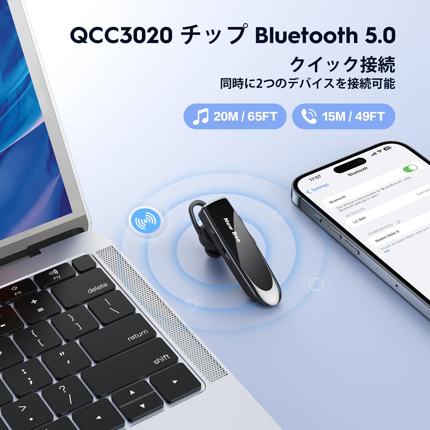 New bee Bluetooth イヤホン 片耳 ブルートゥースイヤホン 耳掛け式 マイク内蔵 ハンズフリー通話 260mAh大容量バッテリー 24時間連続使用 1440時間スタンバイ 左右耳兼用 SIRI対応/CVC6.0ノイズキャンセリング 軽量 manelabo-10010662 マネラボ サンプル画像2