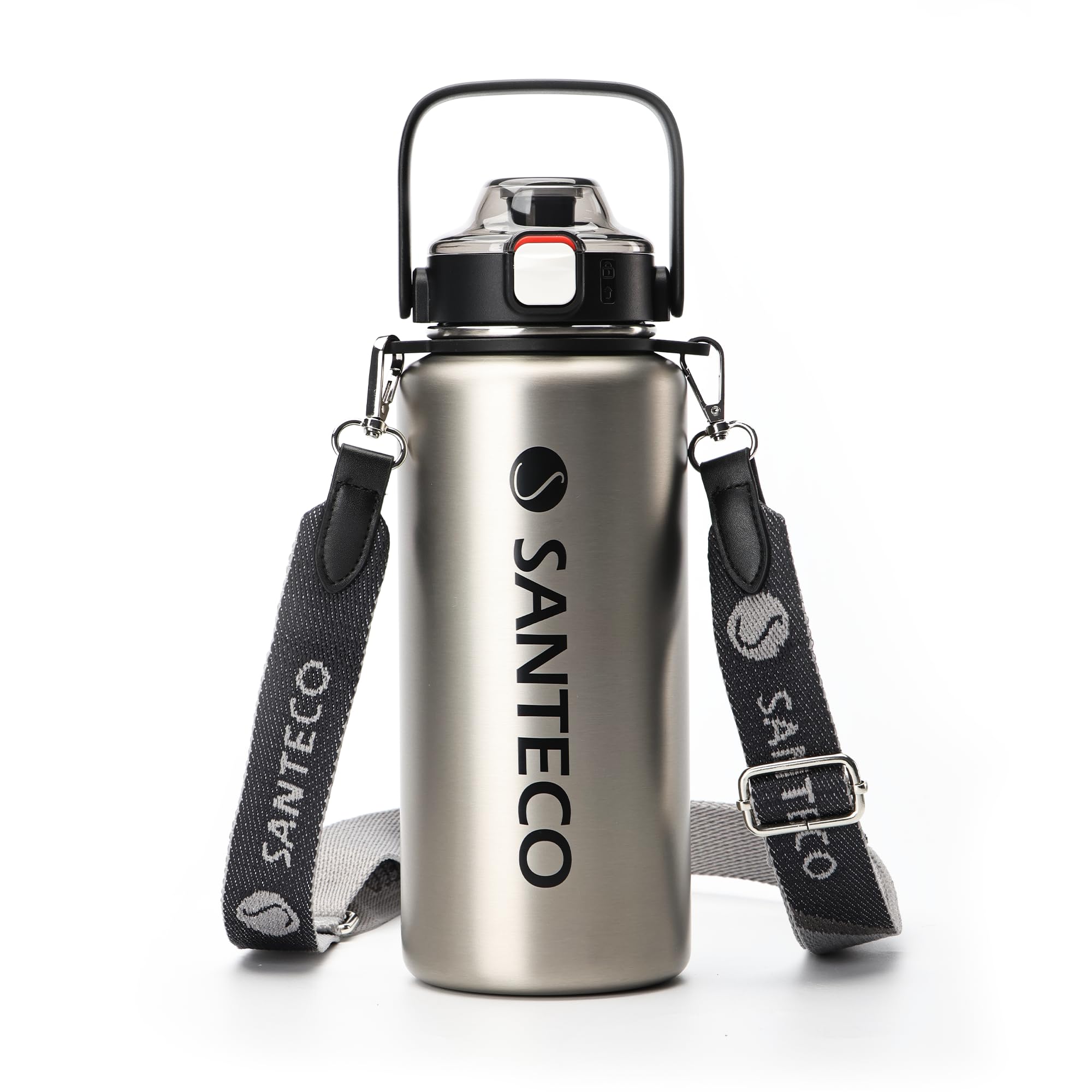Rakuten - SANTECO 水筒 真空断熱スポーツボトル 1.2L 取りはずしでき肩に 保冷 保温 魔法瓶 ストロー付き 直飲み スポーツドリンク対応 おしゃれ 広口 シルバー