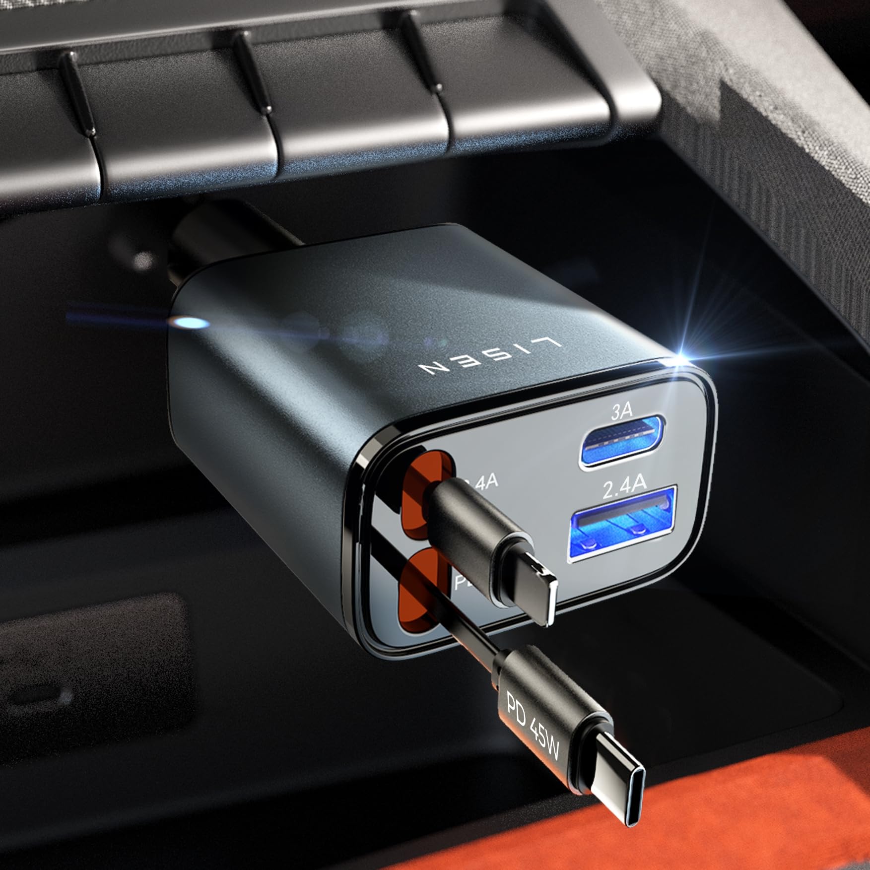 LISEN 車 充電器 巻き取りしがーソケット usb【2026年新・PD45W急速充電・最小4in1】シガーソケット USB-C + USB-L PD3.1/QC3.0/PPS対応 80cmケーブル カー用品 便利グッズ 車内 60プリウス・カローラク