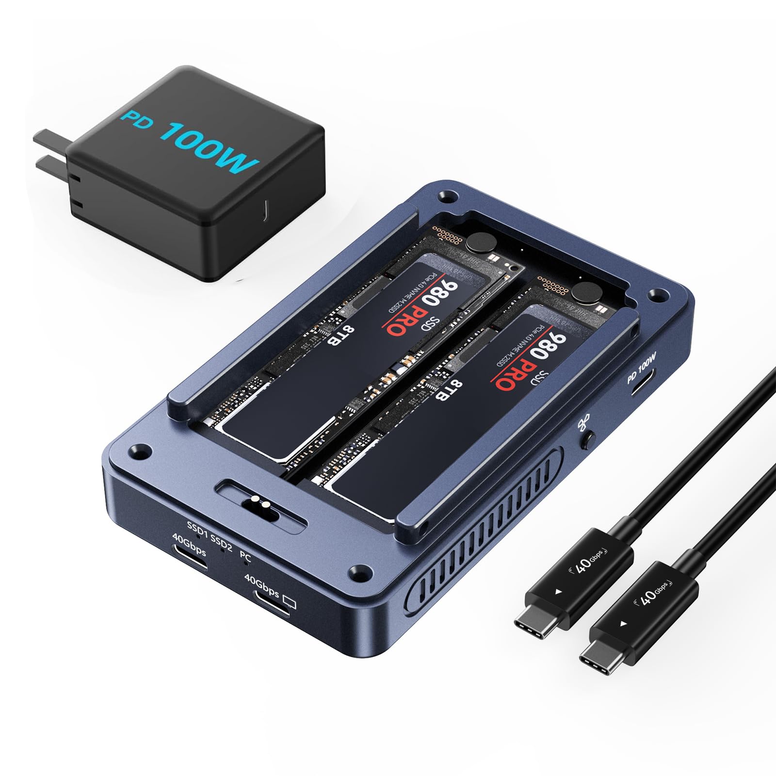 ACASIS 40Gbps M.2 NVMe SSD 外付けケース 冷却ファン内蔵 Thunderbolt4/3 & USB4.0完全対応 デュアルベイM.2 NVMeエンクロージャー B+M/M key SSD対応 ソフトウェアRAID0/1構築可能