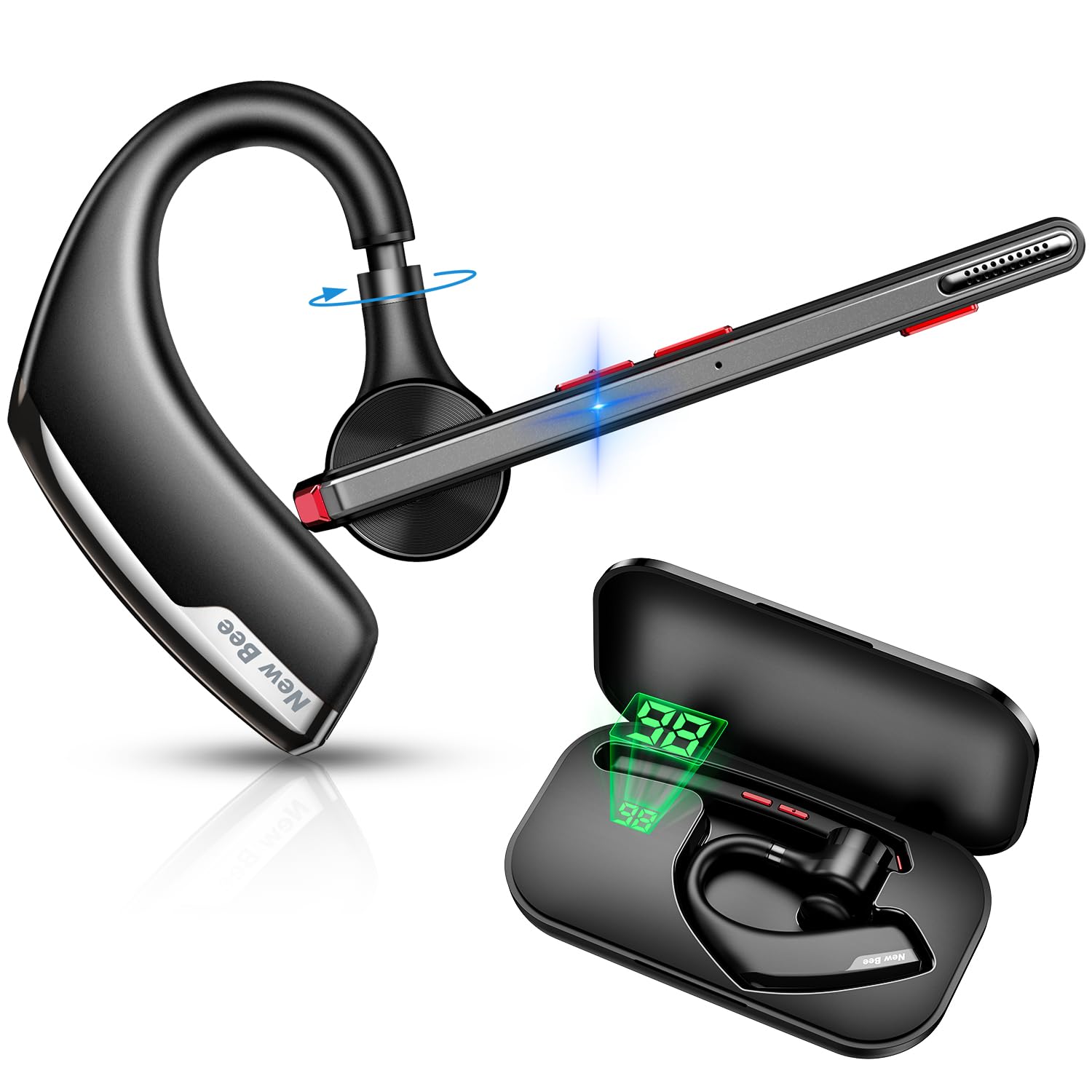 New Bee Bluetoothヘッドセット 片耳 Bluetoothイヤホン ハンズフリー通話 Bluetooth5.2 CVC8.0 片耳イヤホン 耳掛け型 左右兼用 ノイズキャンセリング 両マイク内蔵 ミュート機能/Siri対応 2台同時接続 軽 manelabo-10012461 マネラボ パッケージ画像
