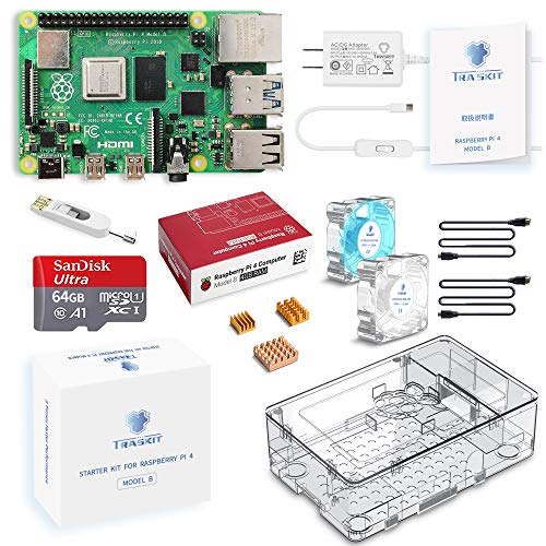 ◆商品名：TRASKIT Raspberry Pi 4 Model B Starter Kit/ラズベリーパイ4B（4GB RAM）技適マーク付/MicroSDHCカード64GB NOOBSプリインストール/簡単に取り付けるケース/5.1V/3A Type-C スイッチ付電源/2つのMicroHDMI-to-HDMIケーブルライン/ヒートシンクと2つの透明冷却ファン/カードリーダ /GPIOリファレンスカード/日本語取扱説明書 セットの内容物は、技適マーク付きのラズベリーパイ4B（4GB RAM）64GB（Class10）のmicroSDカード、カードリーダー、Raspberry Pi から推奨されていた5.1V3.0AのUSB Type-Cホワイト電源アダプターとスイッチ付きの電源ケーブル、二つMicroHDMI-to-HDMIケーブルライン、良好な放熱性と保護機能がついた高品質な透明ケースがあり、三つ放熱対策のヒートシンク、二つ透明冷却ファン（LED*1、LEDなし*1）、GPIOリファレンスカード、日本語の取扱説明書など豊富な付属品が含まれています。 最新のRaspberry Pi 4B（建築設計承認：007-AH0184）は、従来モデル「Raspberry Pi 3 Model B＋」のプロセッサとI/Oを大幅に強化した製品です。SoCとして最大1.5GHz動作のCortex-A72クアッドコアを採用、従来と比較してBCM2711は2〜4倍の性能向上を果たし約50％以上高速化しました。グラフィックスはVideoCore VIが最大500MHzで動作し、OpenGL ES 3.xをサポートします。I/O面では4Kのデュアルディスプレイ出力を新たにサポートし、映像出力端子がType-D（マイクロHDMI）2個に変更されました。その他、USB 3.0やBluetooth 5.0に対応し、ギガビットイーサネットも従来モデルから高速化されています。これは今まで最も速いRaspberry Piで、x86 PC入門システムと匹敵できるものです。 TRASKIT セットは高品質材料の透明保護ハウジングを用いて、GPIOおよびベントにアクセスするための取り外し可能なカバー、独特のLEDライト付きの透明ファンを組み合わせて、取り付けが簡単で、ネジの必要がなく、構造が緊密で、使用感を一変させる。セットは、2つの透明な冷却ファン（30 * 30 * 7mm）を配置される。1つはLEDグレアで、もう1つは通常のLEDなしのファンです、さまざまなシーンで異なる組み合わせを選択できます。ファンは超静音軸受の設計を採用します、インターフェースはデュポン2 Pラインで、5 v/0.2 Aと3.3 v/0.1 Aの選択が可能です、最大回転速度は12000回転/分に達します。3つの熱伝導性接着剤がついたヒートシンクを組み合わせることで、過熱によるリスクを低減します。従来のヒートシンクより性能が優れていますので、安全かつ静かにご利用できます。 NOOBSプリインストール版である。64GBのMicroSDHCカードには、NOOBSがインストールされていますので、すぐにRaspberry Piを使うことができます。高速USB A&C MicroSDカードリーダーを装備しています。PCから他のサードパーティオペレーティングのシステムイメージをダウンロードできます。上級者向けなので、自分でインストーラーを作ることができます。用途について：ロボットとしての制御、スマートホームハブ、メディアセンター、ネットワーク化されたAIコア、ファクトリーコントローラーなどに使用できます。 Raspberry pi 4B に設計された5.1V/3A USB Type-Cホワイト電源は、PSE認証を取得していて低電圧に心配する必要がないです。更にノイズフィルタが付いているので、過電流・短絡保護、過電圧保護、およびサージ保護を備えています。高品質Micro HDMI-HDMIケーブル× 2（1.3M)、2つディスプレー同時にできて、クリアで力強い映像を伝達して、4K動画が再生出来ます。