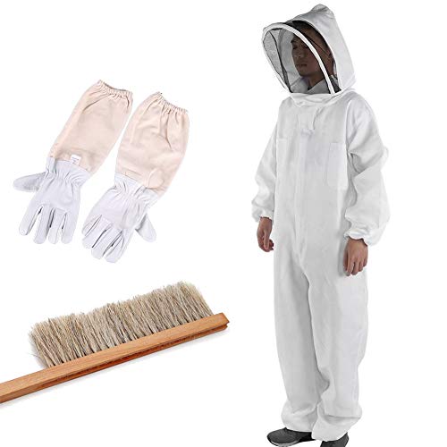 ハチ防護服 防護服 養蜂器具 蜂 スズメバチ 駆除 害虫駆除 一体式 ブラシ手袋付き 三点セット フェイスネット 取り外しやすい Lサイ