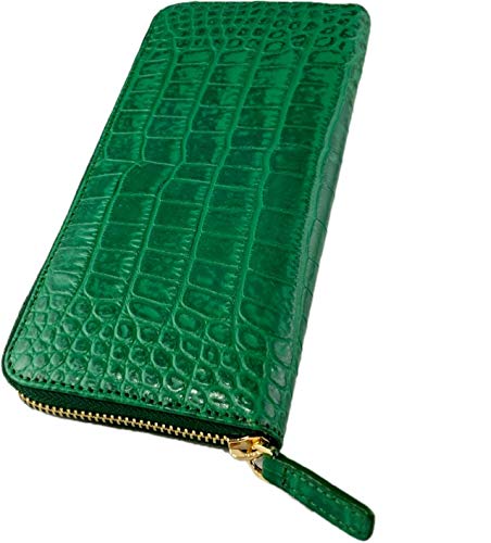 [Capitana] クロコダイル 型押し牛革 緑の長財布 マチ部に蛇革使用 金運カラー グリーン
