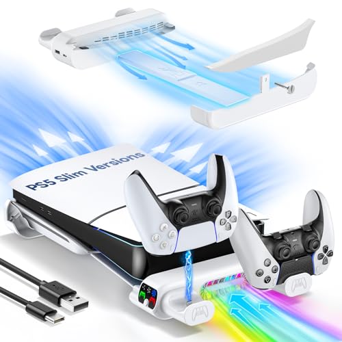 【新型 PS5 Slim 専用】PS5 Slim 横置きスタンド 3段階風速調整冷却ファン RGBライト付 PS5 Silm コントローラー 充電スタンド 放熱