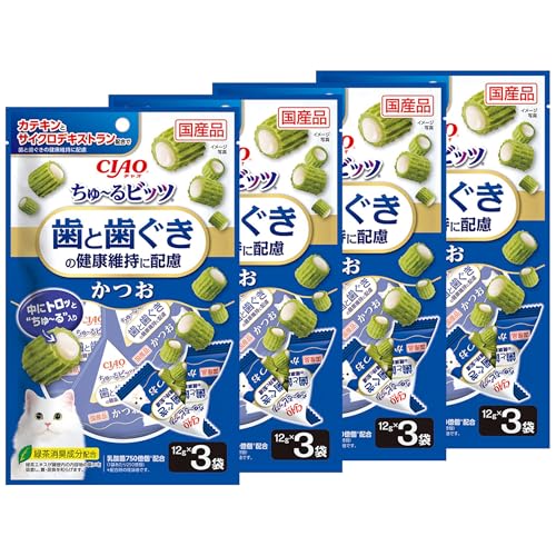 チャオ (CIAO) ちゅ~るビッツ 歯と歯ぐきの健康維持に配慮 かつお 12g×3袋 4個セット 猫 送料無料