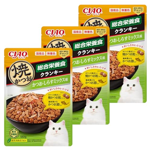 チャオ (CIAO) 焼かつおクランキー 総合栄養食 かつお節入り かつお・しらすミックス味 180g 3個セット..