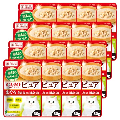 チャオ (CIAO) ピュアパウチ まぐろ ささみ入り ほたて味 30g 16個セット 送料無料
