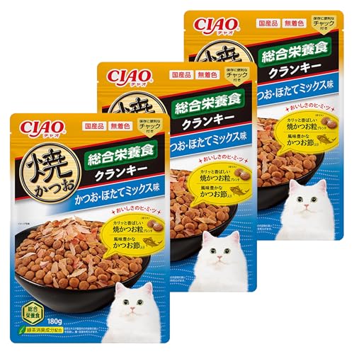 チャオ (CIAO) 焼かつおクランキー 総合栄養食 かつお節入り かつお・ほたてミックス味 180g 3個セット..