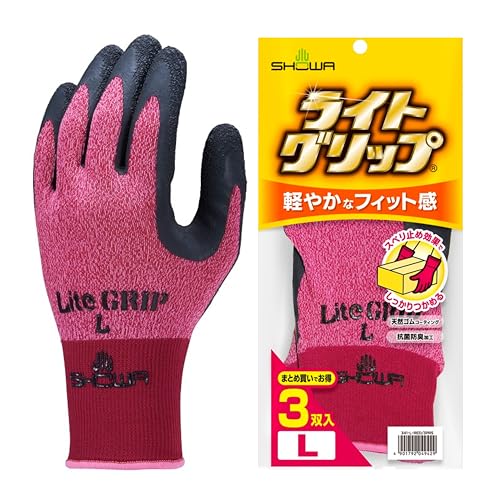 通常品レッド/L/NO3413P-LR・Color:レッドSize:LStyle:通常品PatternName:3双・パッケージ個数:1・【快適に作業できる】天然ゴムの特殊配合を手のひらにコーティングした、通気性、フィット感に優れた背抜き手袋です。・【高いグリップ力と柔らかいフィット感】特殊スベリ止め加工により高い滑り止め効果を発揮し、コーティングを薄くすることによりやわらかいフィット感を実現しました。・掴む、運ぶ、握るなどさまざまなシーンにお使いいただけ、抗菌防臭加工を施しているため、汗臭くなりにくい。・素材:(樹脂部)天然ゴム (繊維部)ナイロン ポリエステル その他・全長:24.0cm / 手のひらまわり:20.5cm / 中指長さ:7.9cm / サイズ:L[ショーワグローブ] 天然ゴム製 軽作業用 手のひらコート ライトグリップ Lサイズ レッド