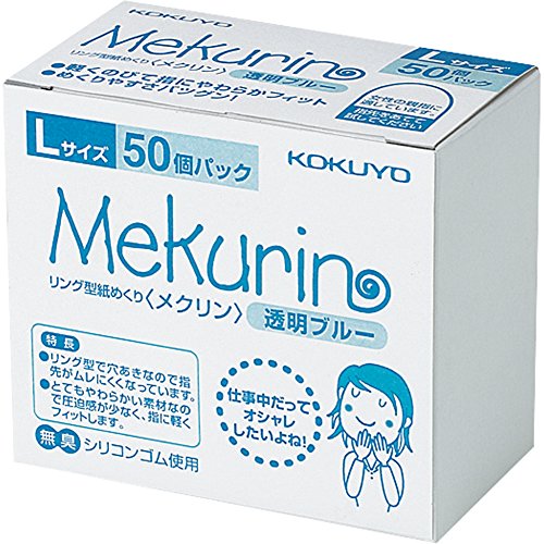 透明ブルー/L/メク-5022TB・Size:L・パッケージ個数:1・【寸法】 17×17×13mm・【種類】 L(女性親指用)・【寸法(内径×長さ)】 15×12.5mm　【材質】 シリコンゴム商品紹介 ●数多く使用するお客様に最適なお徳用タイプのリング型紙めくりです。 ●男女とも使いやすい透明ブルー色の50個入りです。 ●柔らかく、伸縮性に優れたシリコンゴム素材なので、指にしっかりフィットし、紙のめくりやすさも抜群です。従来の指サックのような、ゴム独特のいやなにおいがしません。 ●S、M、L、3種類のサイズをご用意しました。 ●ほかの作業や接客時に指に付けたままでも違和感のない、淡いクリヤカラーです。 ●長時間付けていても指がむれにくい穴あきタイプです。 原材料・成分 シリコンゴム