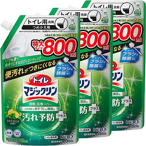 -/800ml×3個/-・Size:800ml×3個・パッケージ個数:1・【高さ×幅×奥行き】270×275×95[ミリメートル]・2.4 [Litter]・成分：界面活性剤（3％ アルキルトリメチルアンモニウム塩）、金属封鎖剤、泡調整剤、安定化剤商品紹介 便器内にスプレーするだけ※1でコーティング。 便汚れがつきにくくなるトイレ用洗剤。 シトラスミントの香り。 便器内・便座・床等の除菌※2・ウイルス除去※3まで。 トイレブラシの除菌も※2　※1　1日1回の使用をおすすめします。 ※2　すべての菌を除菌するわけではありません。 ※3　すべてのウイルスを除去するわけではありません。エンベロープタイプのウイルス1種で効果を検証。 原材料・成分 成分：界面活性剤（3％ アルキルトリメチルアンモニウム塩）、金属封鎖剤、泡調整剤、安定化剤